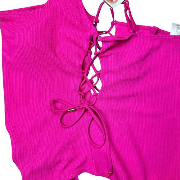 Social Standard by Sanctuary NWT Pink Ribbed Side Lace Up One Piece Swimsuit - Picture 7 of 10